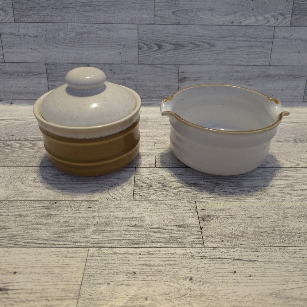 Vtg Imperial Stoneware Sugar Bowl with Lid And Creamer Speckled Brown And White